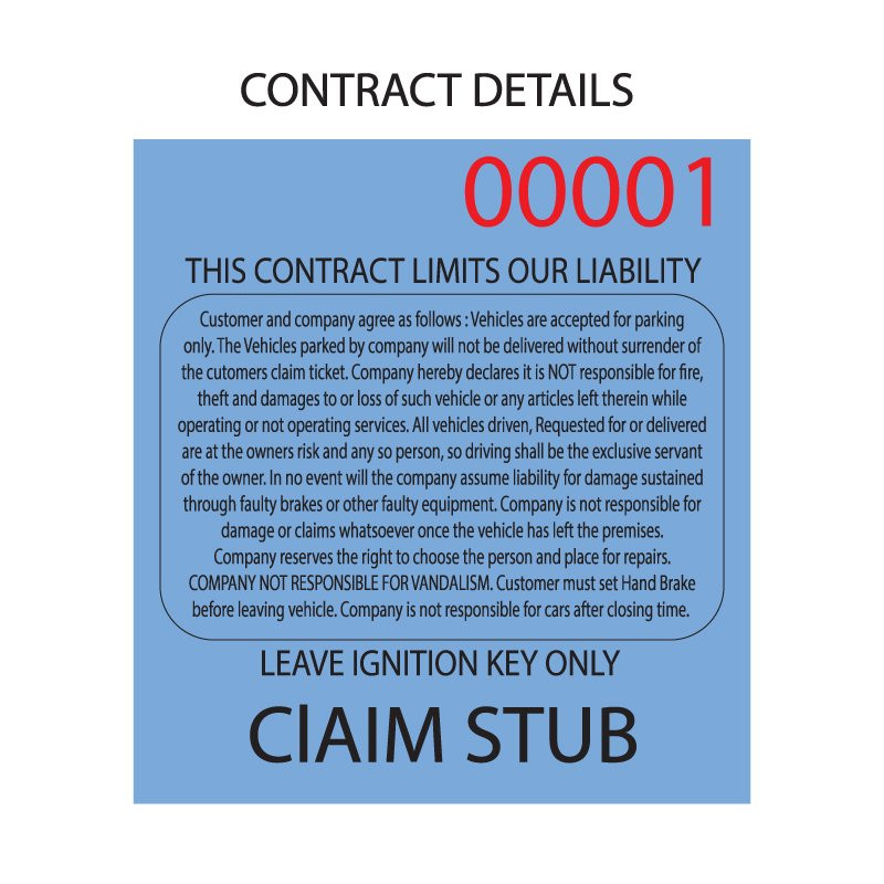 3 Part Blue valet Parking Ticket Contract Details 