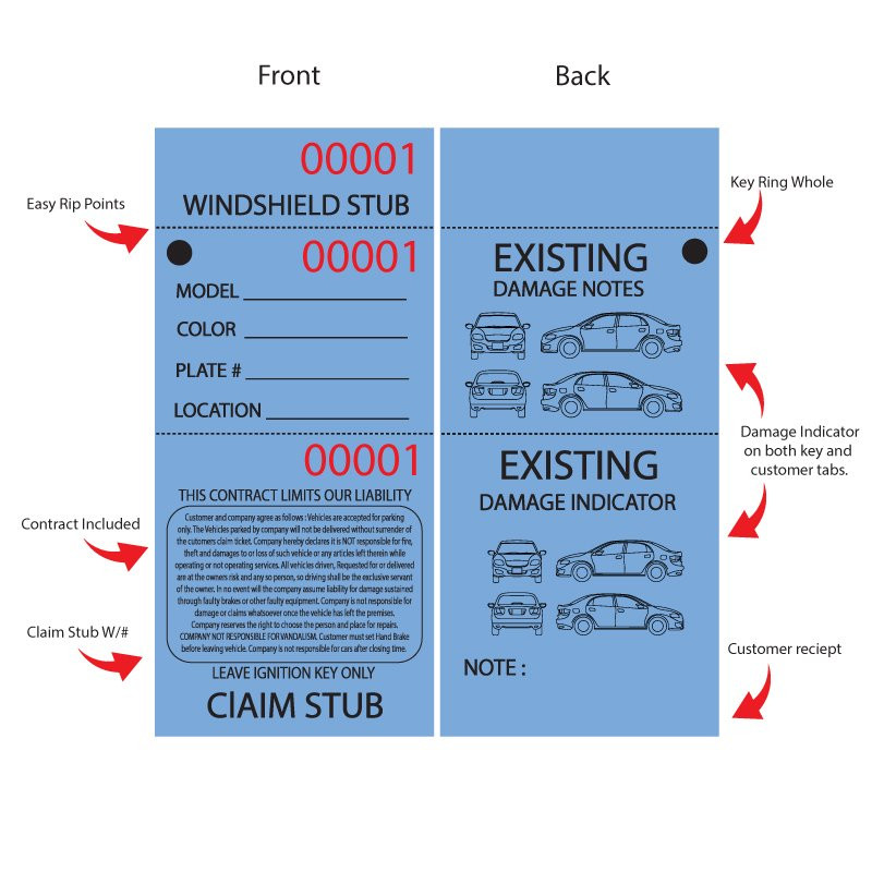 3 Part Blue valet Parking Ticket Details