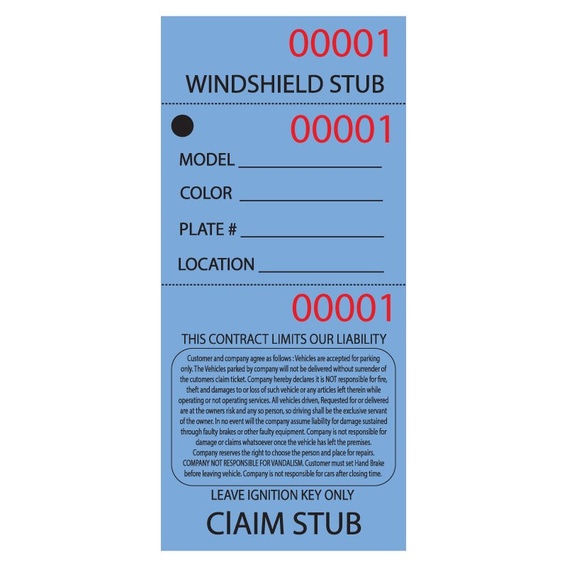 3 Part Blue valet Parking Ticket Front