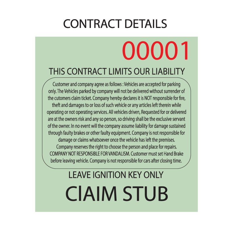 3 Part Valet Parking Ticket Contract Details 