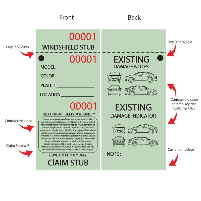 3 Part Valet Parking Ticket Details 