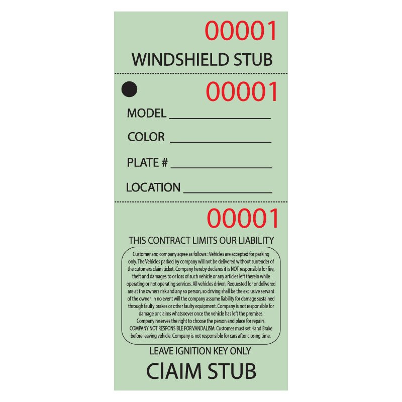 3 Part Valet Parking Ticket Front