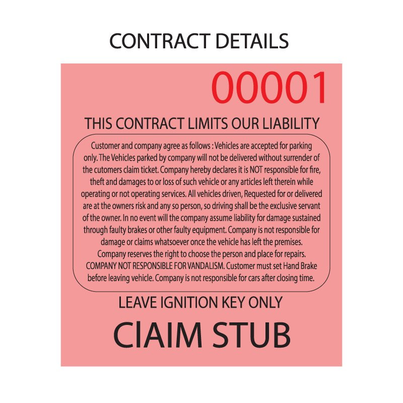 3 Part Red Valet Parking Ticket Contract Details 