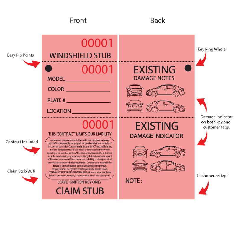 3 Part Red Valet Parking Ticket Details 