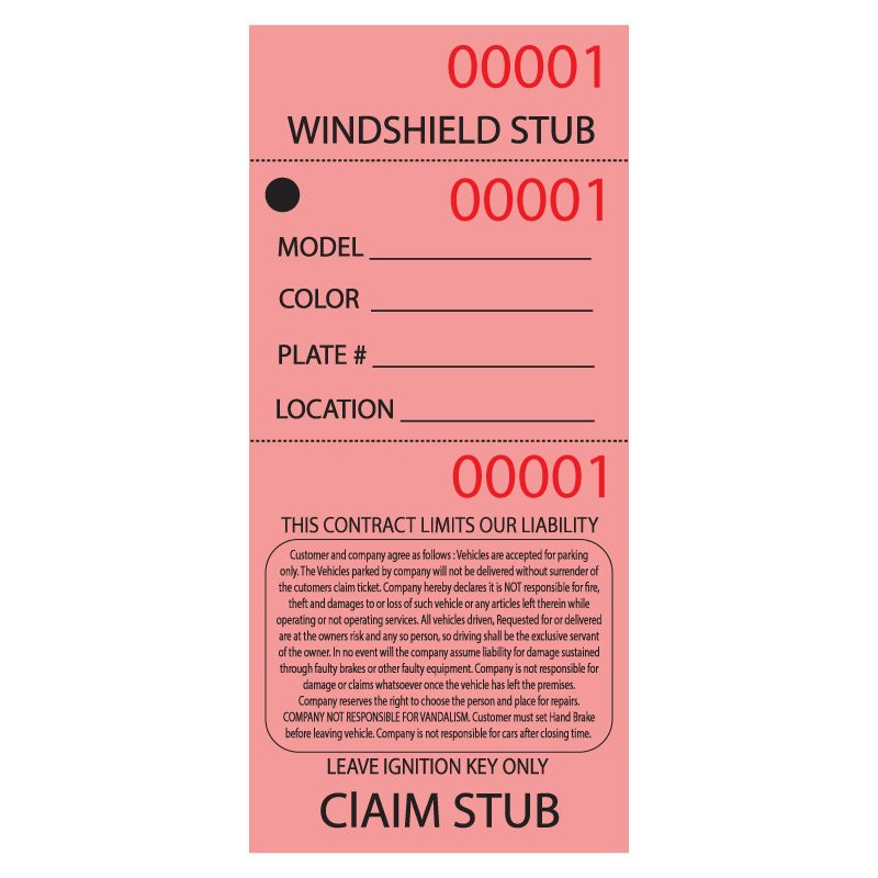 3 Part Red Valet Parking Ticket Front 