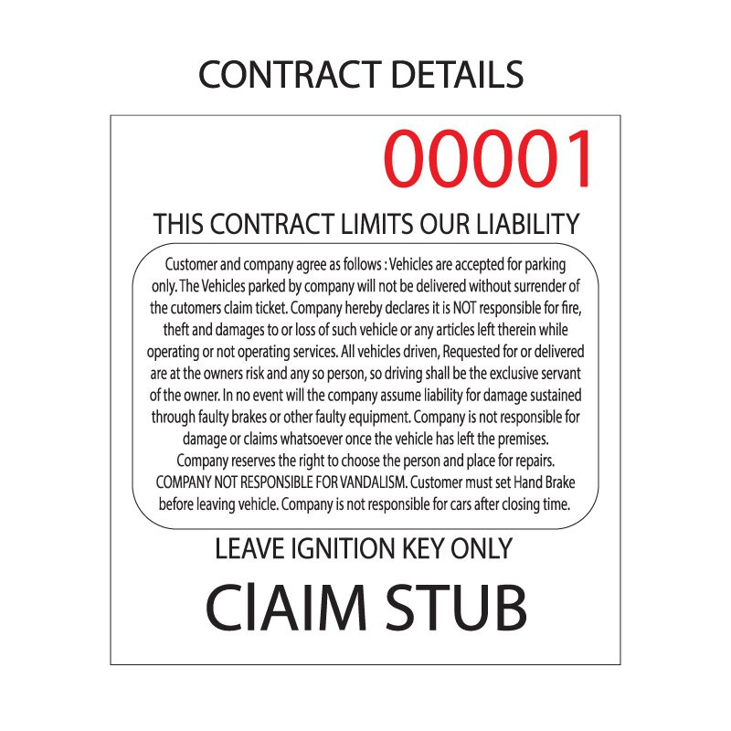 White 3 Part Valet Parking Ticket Contract Detail 