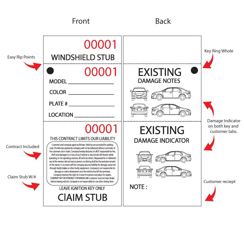 White 3 Part Valet Parking Ticket Details