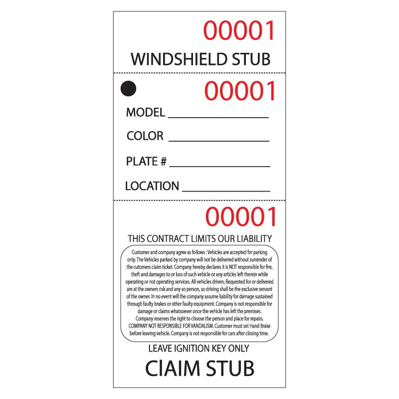 White 3 Part Valet Parking Ticket Front