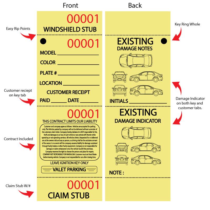 Valet parking ticket - Yellow - description 