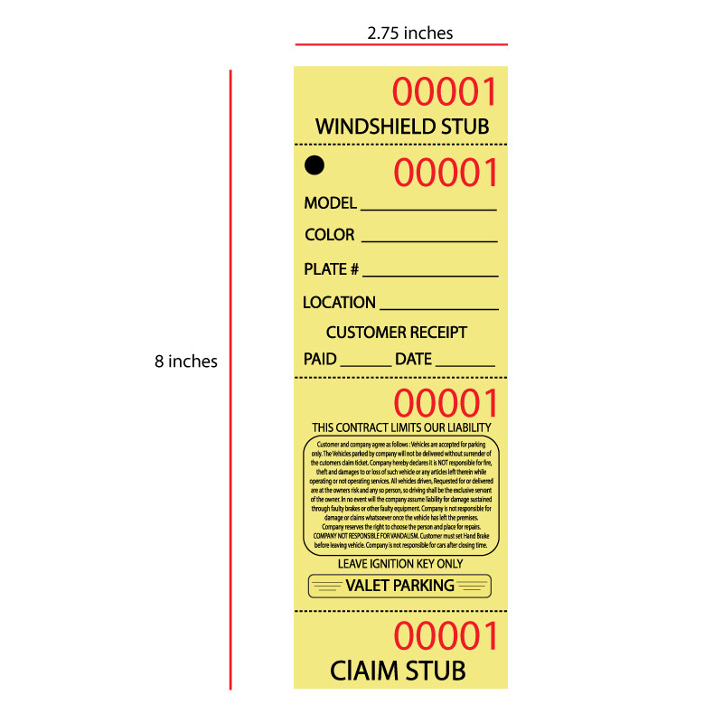Valet parking ticket - Yellow - dimensions 
