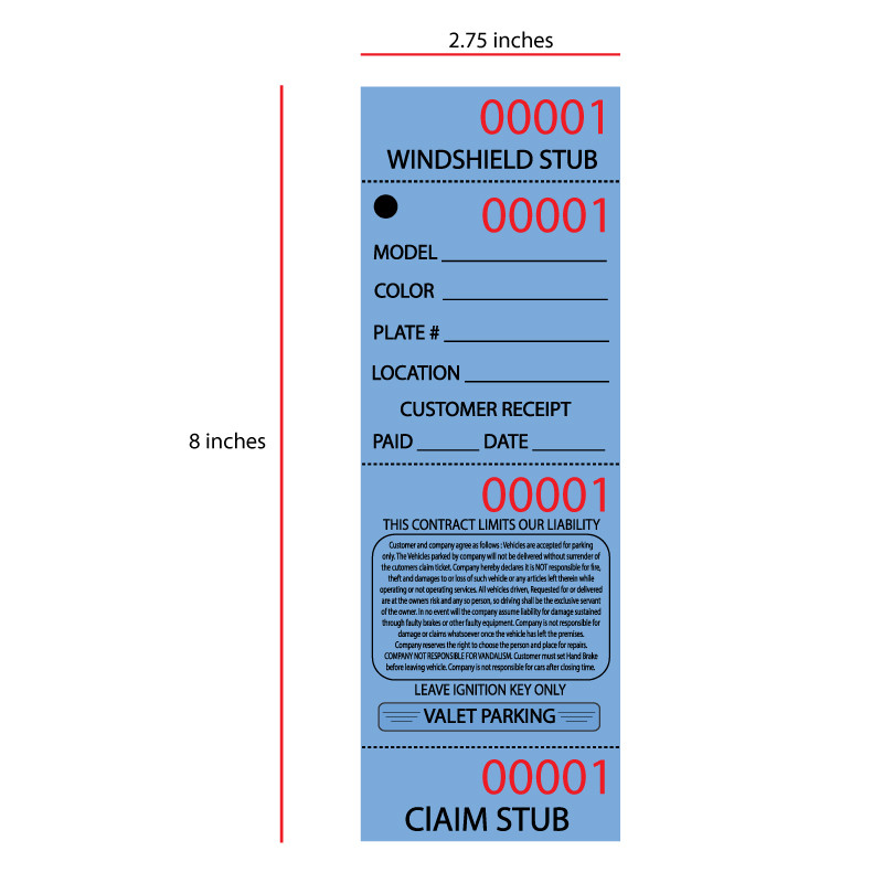 Blue Valet parking ticket dimensions