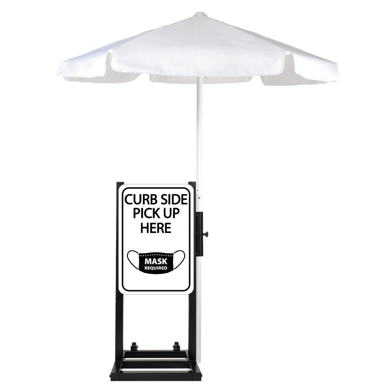 Curbside Pickup With Mask Required Station with White Umbrella Description