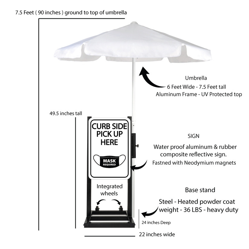 Curbside Pickup With Mask Required Station with White Umbrella Description