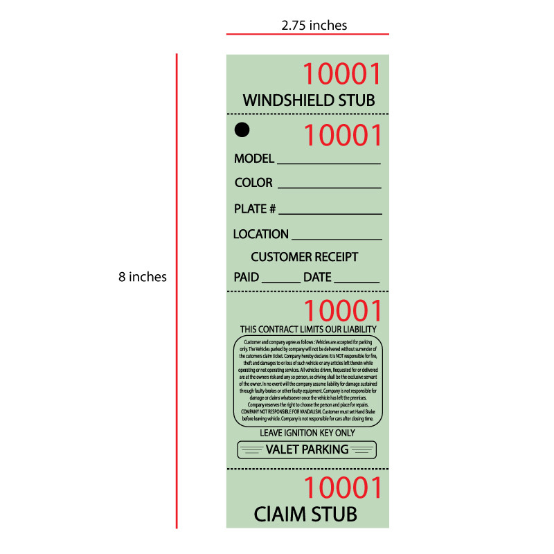 Green Valet parking ticket dimensions