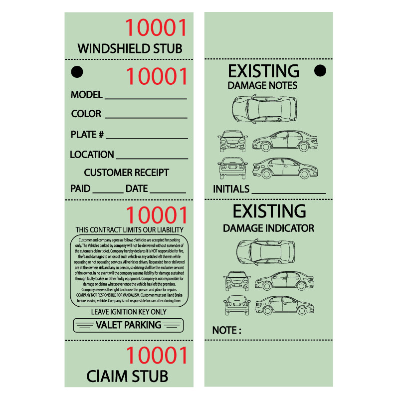 Green Valet parking ticket sides