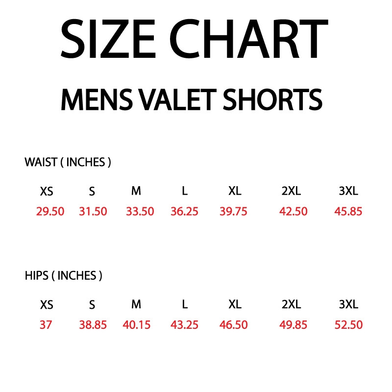 Men Valet Short Size Chart