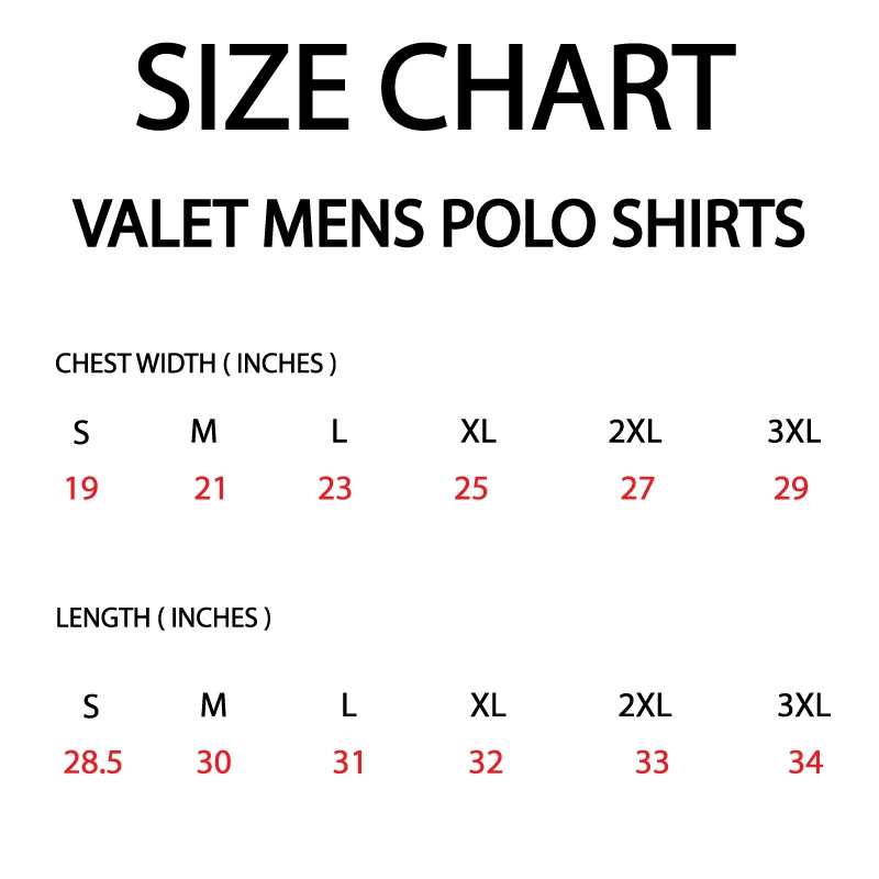 Valet Polo Shirt Size Chart