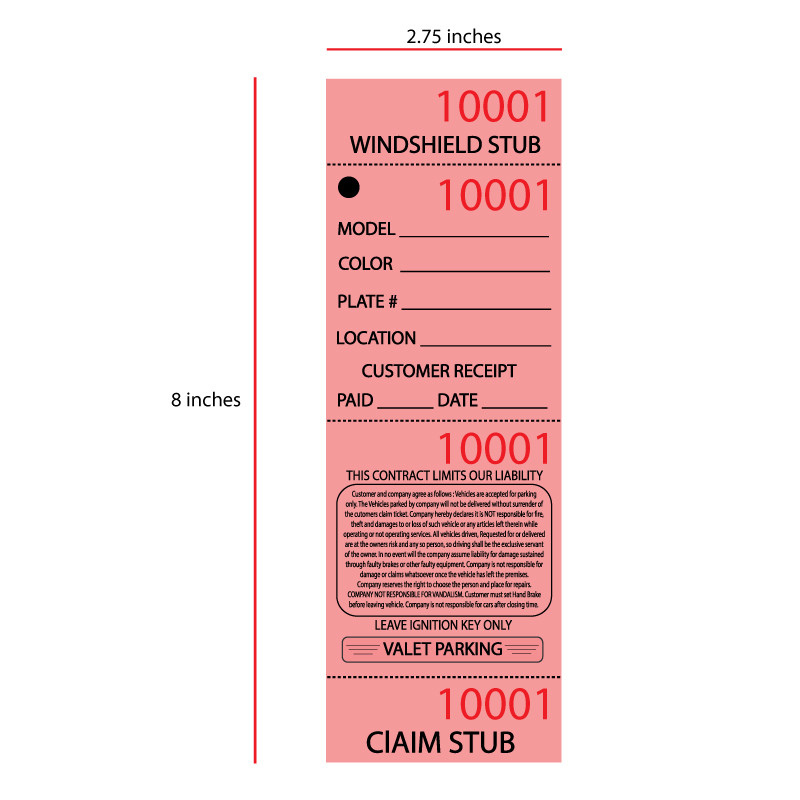 Red Valet parking ticket dimensions