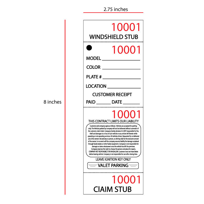 Valet parking ticket - White - dimesions 