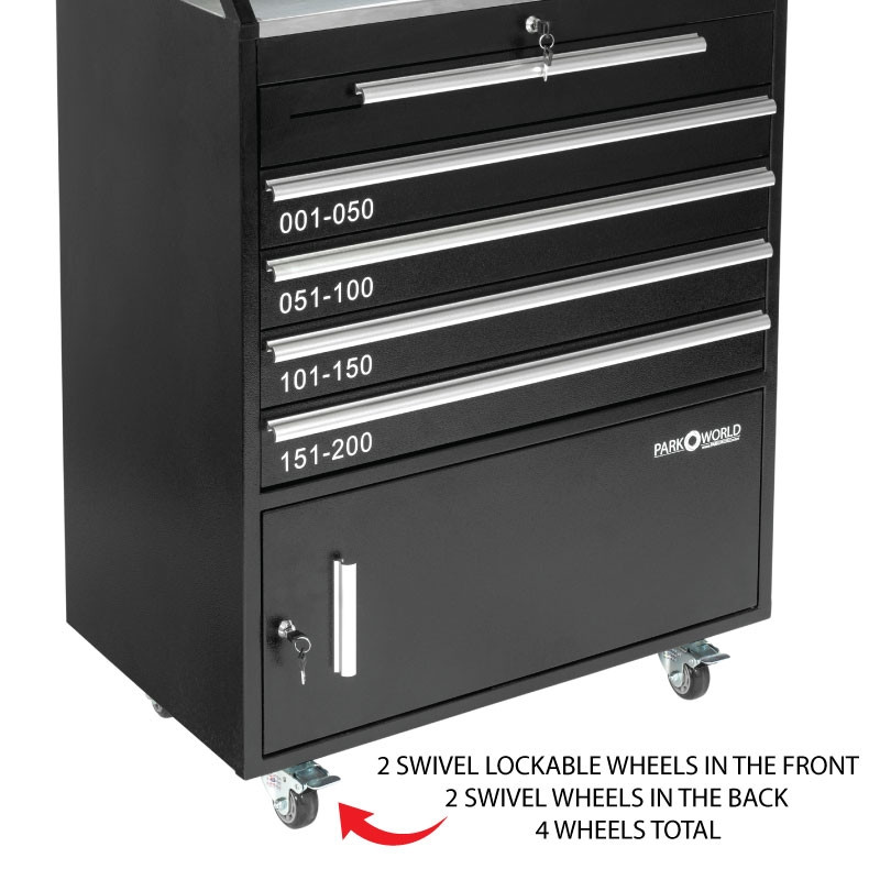 Valet Podium 200 Key Slot Black Wheels Close Up