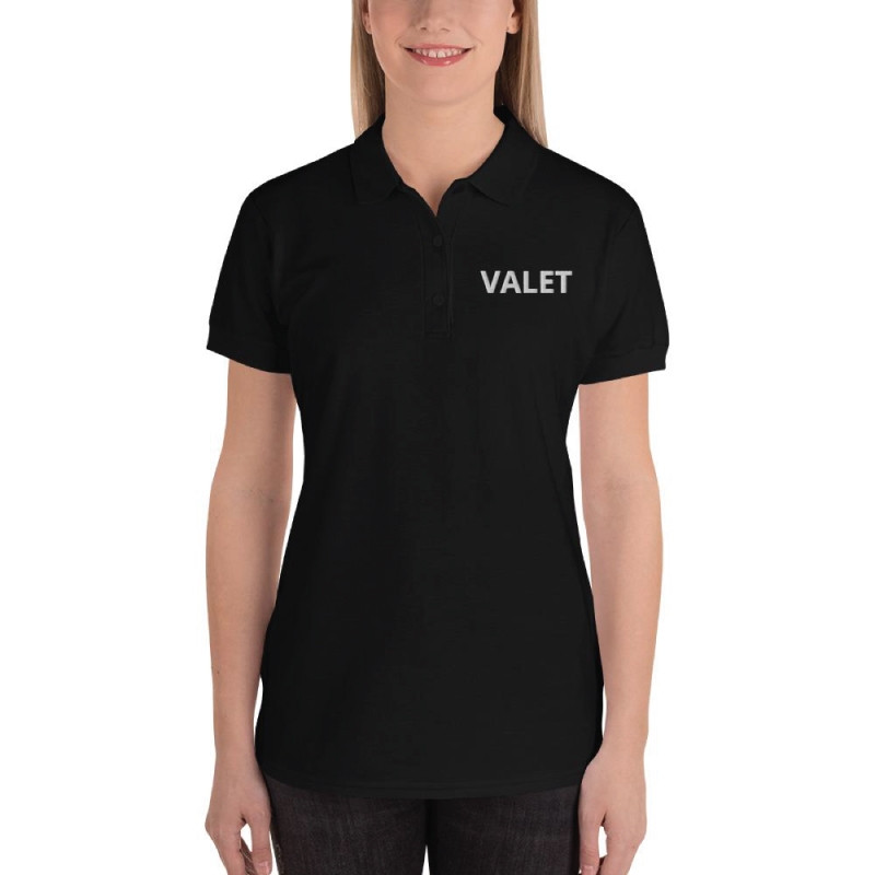 Women Black Valet Polo Shirt With Black Wording 