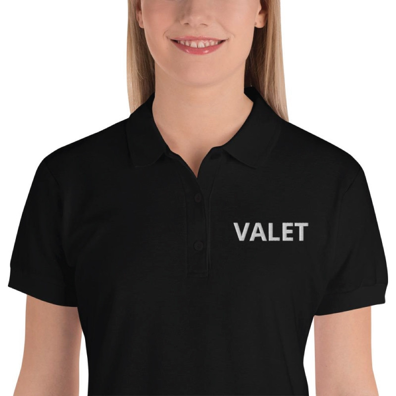 Women Black Valet Polo Shirt With Black Wording 